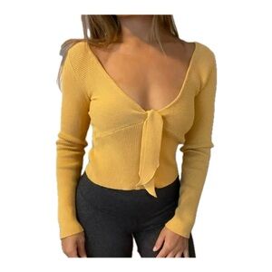 La Hearts Mustard Yellow Ribbed Tie-Front Long Sleeve Crop Top - Cute Fun Trendy